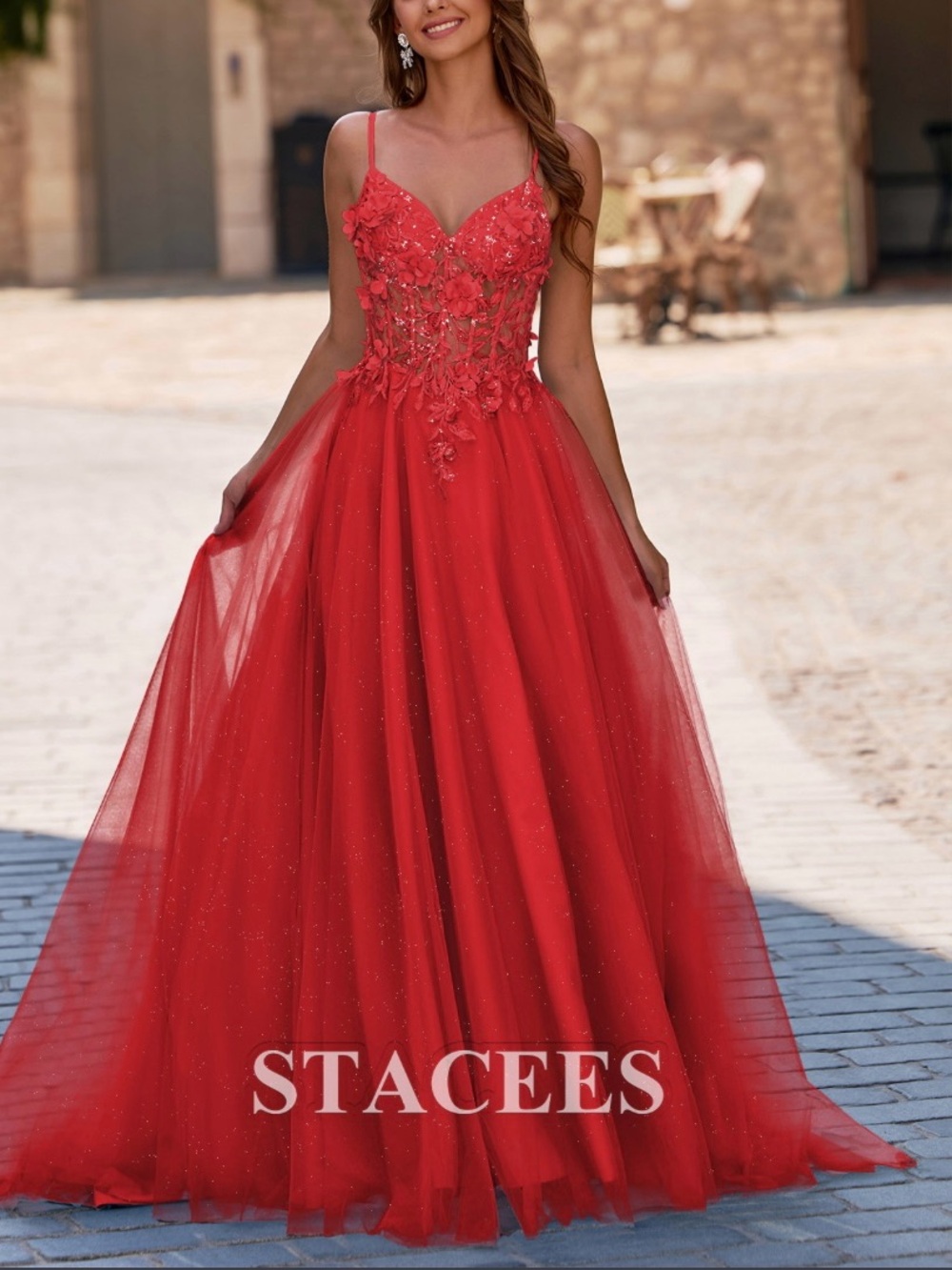 Stacees Red Floral glitter Tulle Prom or Quinceañera Dress Sweetheart Neckline